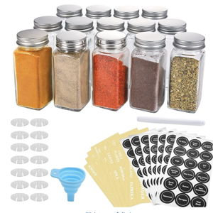 AOZITA 14 Pcs Glass Spice Jars with Spice Labels - 4oz Empty Square Spice Bottles - Shaker Lids and Airtight Metal Caps - Chalk Marker and Silicone Collapsible Funnel Included
