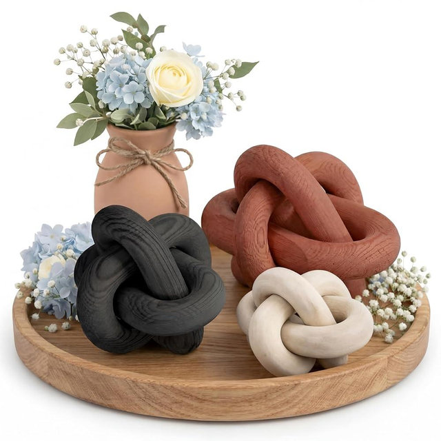 BrightRow 3 Pack Wooden Knot Decorations 3 Color Set Coordinated Boho Nautical Home Decor for Shelf, Wall, Tabletop, Sizes 3.94", 4.72", 5.91"(Rust)
