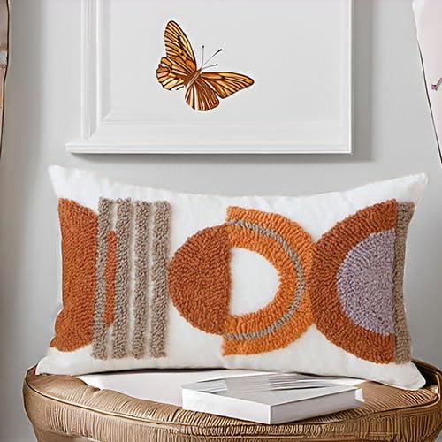 RinRinfam 1Pc Boho Tufted Lumbar Pillow Cover 12x 20, Minimalism Rustic Neutral Abstract Linen Pillow Cushion Case,Geometric Home Decor for Outdoor Couch Bedroom Car Rust…