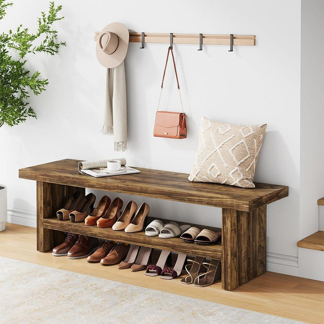 Condemo 2 Tier Entryway Bench, 47.24" Shoe Bench, Rustic Shoe Rack, Wooden Storage Bench for Entryway Hallway Living Room Bedroom, Easy Assembly, Rustic Brown