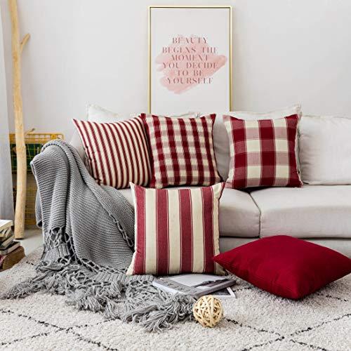 Home Brilliant Decorative Pillow Covers Red Throw Pillow Covers for Girl's Room Linen Textured Farmhouse Patterned Cushion Covers for Holiday, 18 x 18 inch(45cm), Crimson, Pack of 5