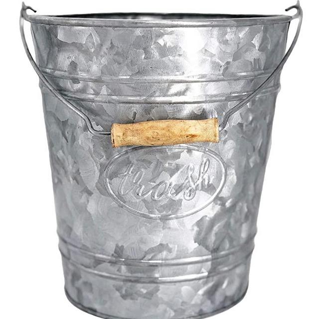 Autumn Alley Galvanized Trash Can | Small Bathroom Waste Bin | Embossed Rings, Oval Label and Turned Wood Handle add Farmhouse Warmth and Charm
