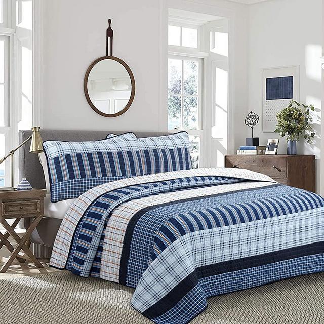 Cozy Line Home Fashions Bennett Quilt Bedding Set, Navy Orange Grid Striped Print 100% Cotton Reversible Coverlet Bedspread (Navy Orange, Queen - 3 Piece)