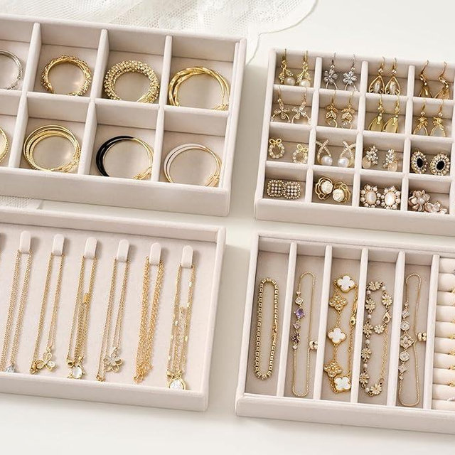 Velvet Jewelry Drawer Organizer Trays – Beige Stackable Jewelry Storage Inserts Set, 4-Layer Jewelry Tray Set for Earrings, Rings, Necklaces, Bracelets with Removable Dividers for Dresser & Vanity