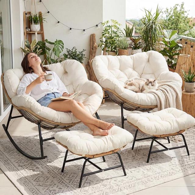 NICESOUL Patio Papasan Rocking Chair Set of 2 with Cushion, Indoor Outdoor Oversized Padded Royal Recliner Rockers with Ottoman, 450Lbs Large Glider Lounge Chairs, 2 Person Cozy Egg Loveseat, Beige