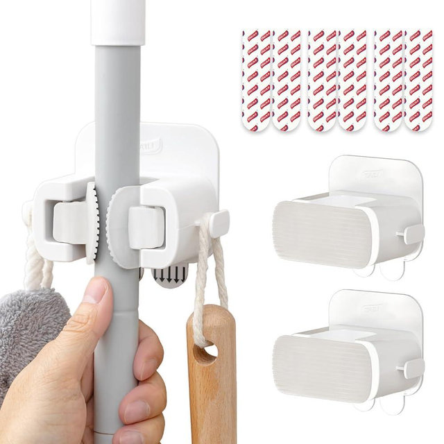 TAILI Mop and Broom Holder Wall Mount Grippers, 3 Hangers and 8 Adhesive Strips, Damage Free Hanging Wall Mount, Household Cleaning Organizer for Organization and Storage, Holds up to 4 lbs, White