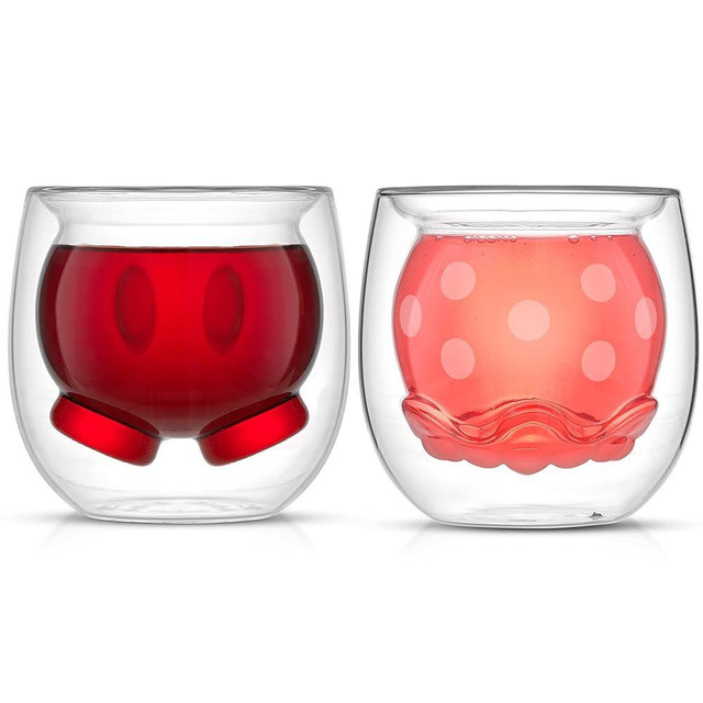 JoyJolt Mickey Pants and Minnie Skirt 3D 7.4oz Double Wall Glass Coffee Cups (2pc). Disney Coffee Mug, Espresso Cups and Tea Cups Collection of Double Wall Glasses and Disney Gifts.