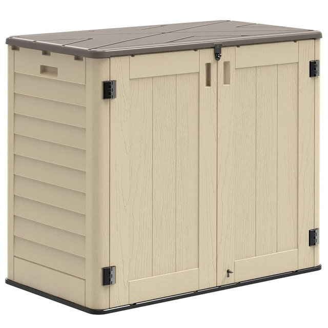 IWDOO Outdoor Storage Shed, 30 Cu Ft Waterproof Horizontal Resin Storage Cabinet, Weather-Resistant Garden Shed Trash Can Storage with Pad-Lockable Doors for Backyards (Khaki)