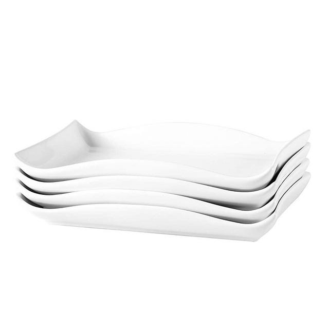 Bruntmor 10"x7" Set Of 4 Curvy Stylish Design Serving Trays Modern Plates Rectangular Platters, White