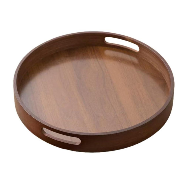 Rustic Wood Serving Tray with Handles - 11.8" Round, Decorative Tray for Kitchen Living Room Coffee Table Candle Display Breakfast in Bed, Multi-Functional Food & Beverage Wooden Tray, Farmhouse Style