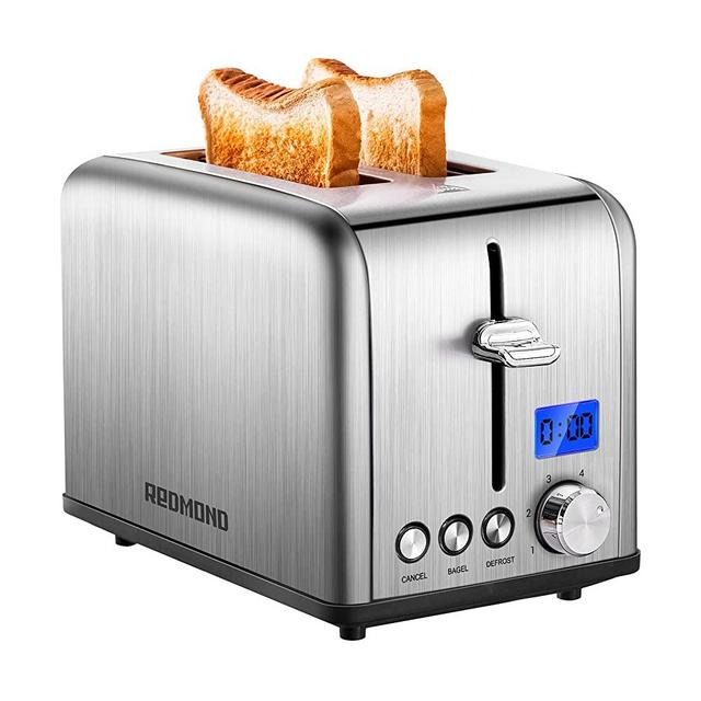 Toaster 2 Slice, REDMOND Stainless Steel Toaster with LED Digital Countdown Timer Display, 1.5" Wide Slot Toaster with Bagel/Defrost/Cancel Function, 6 Shade Control, Removable Crumb Tray, Silver