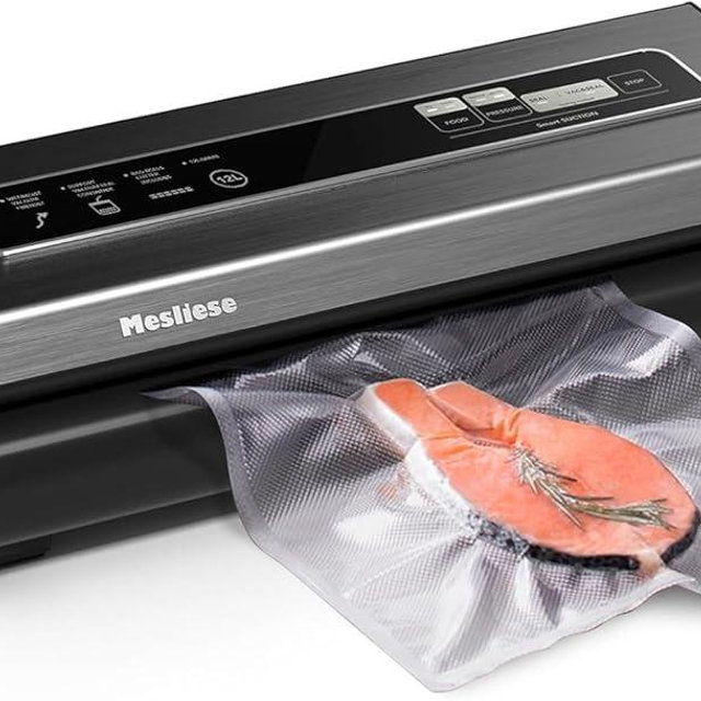 Vacuum Sealer Machine, Mesliese 90Kpa Powerful 6-in-1 Precision Compact Vacuum Food Preservation System with Cutter, 2 Bag Rolls & 5 Pre-cut Bags, Dry&Moist Modes Smart Suction, ETL Listed (Dark Gray)