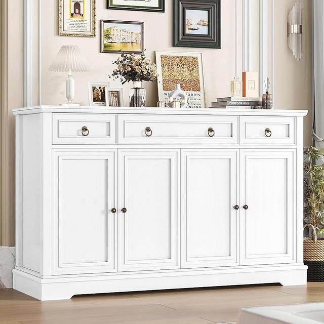 FINETONES Buffet Cabinet with Storage, 52.7" Large Sideboard Buffet Cabinet, White Kitchen Cabinet with 3 Drawers and 4 Doors, Wood Coffee Bar Cabinet for Kitchen Dining Room, White