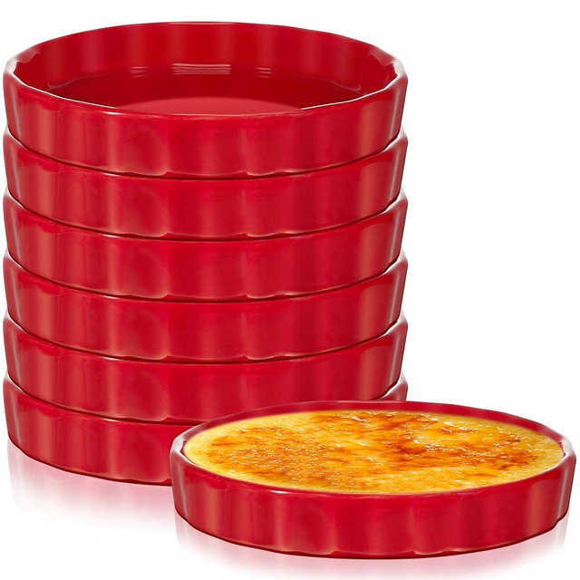 Uiifan 6 Pcs Ramekins 8 oz Creme Brulee Ramekins Oven Safe Porcelain Quiche Baking Dishes Round Fluted Souffle Bowls for Baking Souffle Tart Pudding Dipping(Red)