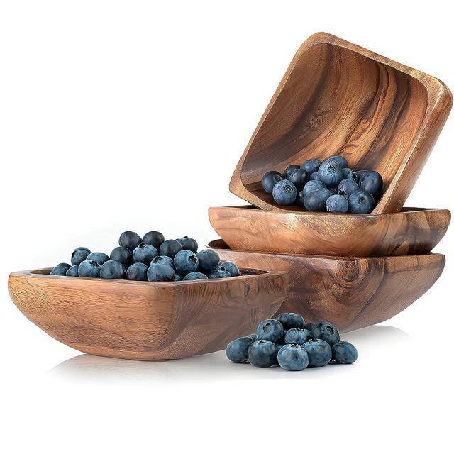 cintika Set of 4 Square Wooden Bowls. 4 inch Handmade Calabash Bowl, Small Wooden Bowl Set, Nuts and Small Snacks Serving Bowls, Sauce Bowl, Dipping Bowl 4x1