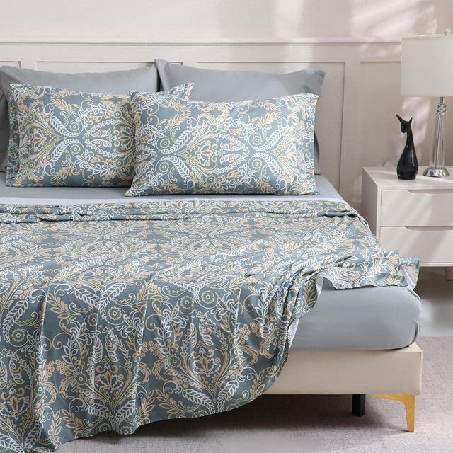 LONAVA Green Paisley King Size Bed Sheet Set, 6 Piece, Deep Pocket Grey Fitted Sheet, Comfy & Breathable Patterned Flat Sheets, Premium Microfiber, Retro Green Floral Printed
