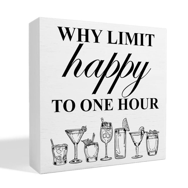 thoqii Bar Decor Wooden Box Sign, Home Kitchen Dining Room Drinking Bar Table Decor Cheers Bar Cart Cocktails Decoration, Bar Gifts for Women Men Couples, Limit Happy to One Hour, White