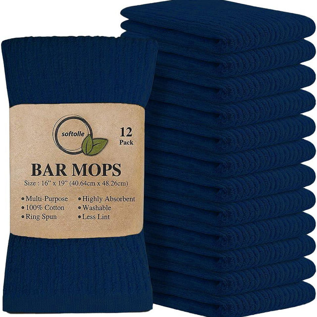 Softolle Bar Mop Towels, Pack of 12-16x19 Inches - 100% Cotton Super Absorbent Towels, Multi-Purpose for Home and Bar Cleaning (Navy Blue)