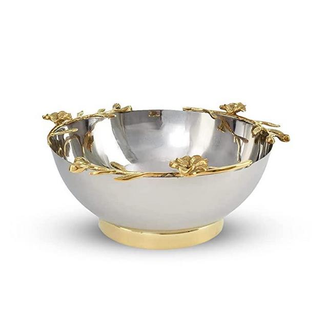 Serene Spaces Living Polished Stainless Steel Bowl with Brass Orchid Stem on Edges, Silver Decorative Bowl, Metal Centerpieces for Tables, Use for Flowers, Fruit, Candy, Salad, 4" Tall & 10" Diameter