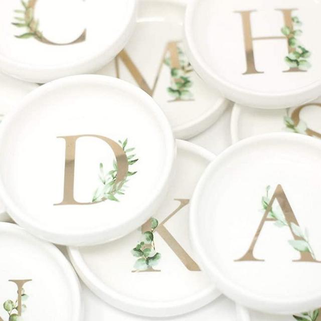 Initial Dish C in Gold Foil w/Greenery - White Ceramic Tray- Jewelry Trinket Ring Candy Glass Nesting Circle Round Bowl Favor Decorative Decor - Mom Bridesmaid Friend - Cedar & Ink (C)
