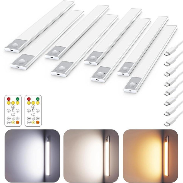 12" Ultra-Thin Under Cabinet Lighting Wireless, Aluminum Alloy Under Counter Lights for Kitchen, 3-Color-Temps Magnetic Closet Lights, Rechargeable Motion Sensor Light Indoor (8 Pack, Silver)