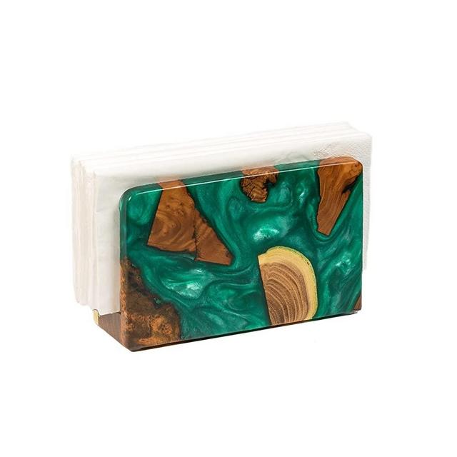 Resin Wood Art – Luxury Wooden Napkin Holder for table decoration. Modern Napkin Storage Dispenser Decor for Home, Kitchen, Restaurant, Café and Bar (Emerald Green, rectangular)