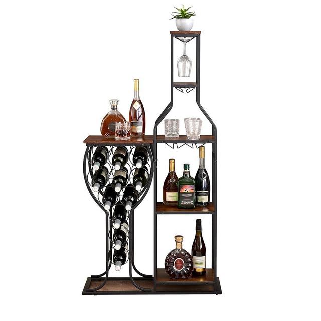 Otnqu Wine Rack Freestanding Floor,5 Tier Wine Storage Shelf with Hanging Wine Glass Holder Wood Tabletop,11 Bottle Wine Bakers Rack for Liquor and Wine Storage for Kitchen, Dining Room