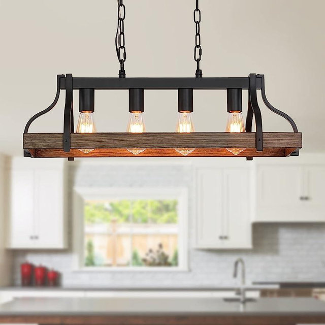 MEIXISUE Rustic Kitchen Island Dining Room Light Fixture Farmhouse Linear Chandelier Black and Retro Wood Finish 4-Light Industrial Metal Hanging Pendant Light UL Listed L28.3 W10.6