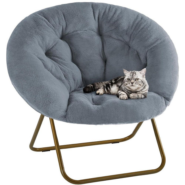 DUMOS Comfy Saucer Chairs Cozy Faux Fur Soft Lounge Cute Folding Bedroom Living Room Seat Flexible Reading Foldable Seating for Kids Adults Thick Padded Metal Frame Modern for Home Office Grey