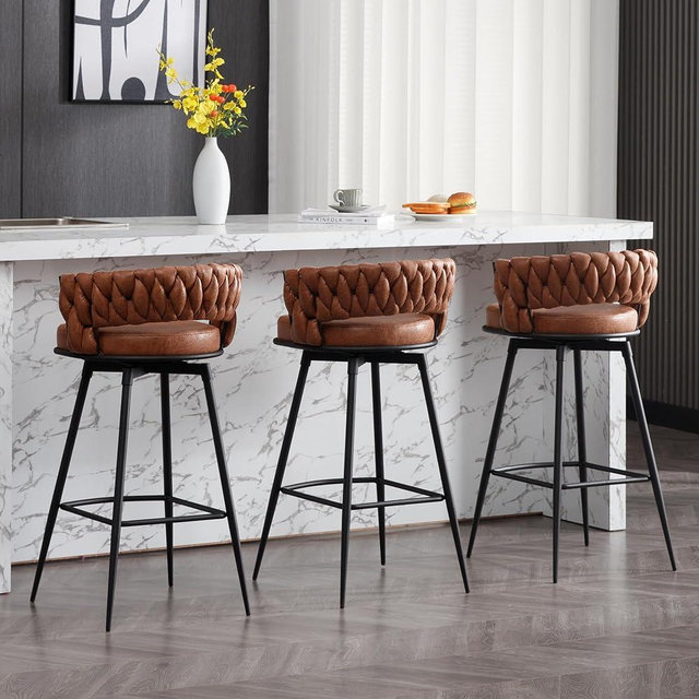 BV Bar Height Bar Stools Set of 3, 30 inch Seat Height Bar Stools, 180° Swivel Barstools with Woven Back and Footrest, Suede Fabric Counter Stools for Kitchen Island, Bar Pub