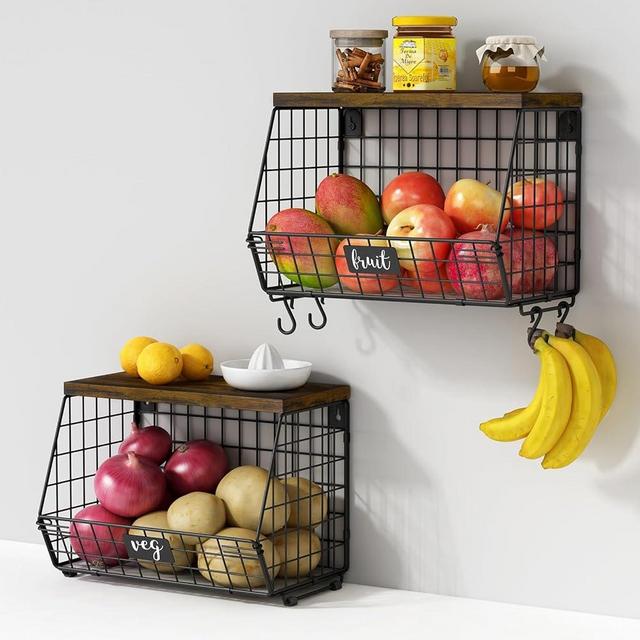 Goozii Hanging Wall Fruit Basket for Kitchen Counter 2 Pack, Stackable Wire Baskets for Organizing with Wood Lid, Potato and Onion Storage Bin with Banana Hook for Vegetable Produce, Black + Rustic