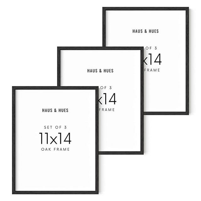 Haus and Hues 11"x14" Black Oak Wood Frames Set of 3 - 11x14 Poster Frame Black, 3 Poster Frame, 11x14 Frame Set of 3, 11x14 Frame 3 Pack, 11 x 14 Frame Art, Certificate Frames, Artwork Picture Frames 11x14