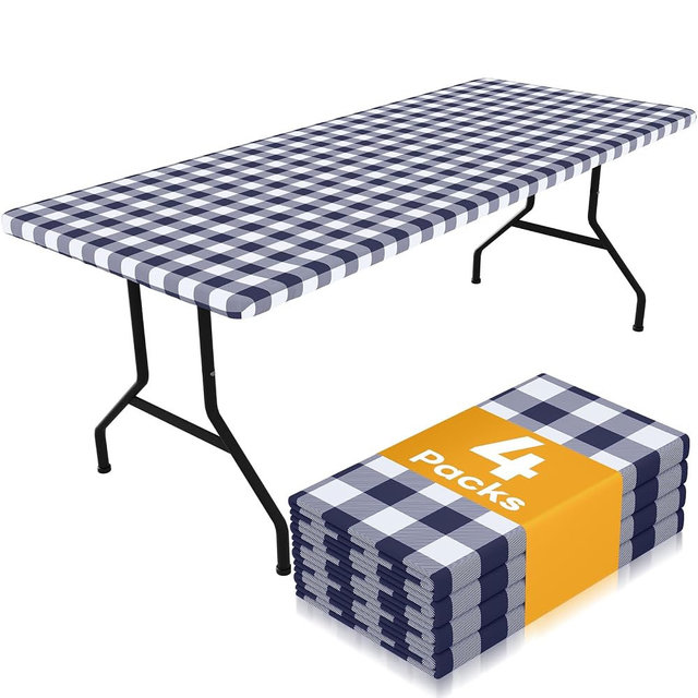 Smiry Picnic Table Cloth 4 Pack, Waterproof Elastic Fitted Tablecloths for 6FT Rectangle Tables, Washable Polyester Buffalo Plaid Tablecloth for Camping, Dining & Outdoor (Navy & White, 30" x 72")