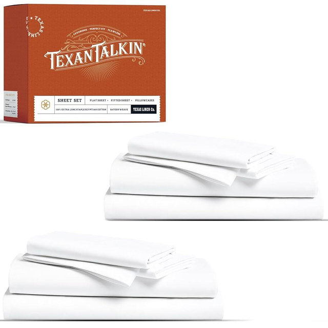 TEXAS LINEN CO. 100% Egyptian Cotton King Sheet Set Pack of 2 - Luxury Texan Talkin' Collection 600 Series Egyptian Cotton Sheets King Size (8 PC, White), Cooling, 16" Deep Pocket Hotel Bed Sheet Set