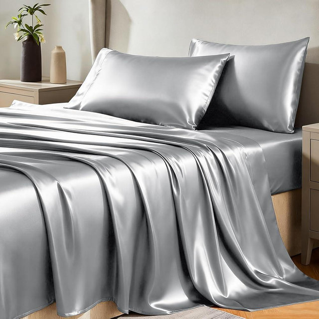 CozyLux Satin Sheets Full Size Sheets - 4 Piece Silky Full Size Bed Sheets, Luxury Light Grey Full Bed Set with Smooth and Soft Microfiber, Includes 1 Fitted Sheet, 1 Flat Sheet and 2 Pillowcases