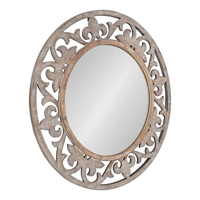 Kate and Laurel Shovali Rustic Round Mirror, 31.5" Diameter, Rustic Whitewash, Ornate Wood-Carved Frame, Decadent Wall Decor with Vintage Charm