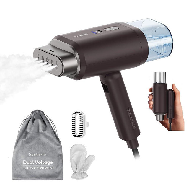 Newbealer Dual Voltage Garment Steamer - 120V/220V, 1200W Powerful Steamer for Clothes, Home & Travel Use, Horizontal & Vertical Steaming, 20s Heat-up, Foldable, 1.72lbs, 180ml (Brown)