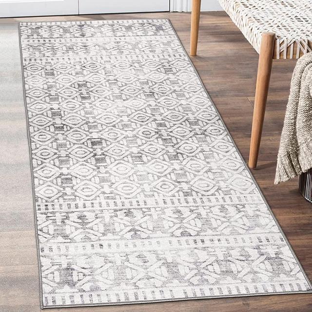 ReaLife Machine Washable Rug - Stain Resistant, Non-Shed - Eco-Friendly, Non-Slip, Family & Pet Friendly - Premium Recycled Fibers - Luna Distressed Tribal Stripe - Light Gray Ivory, 2'6" x 6'
