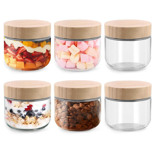Glass jar with Bamboo lids 6 Set, 10oz overnight oats containers with lids, Glass Mason jars, Reusable Meal Prep Jars with Airtight Lids for Food Yogurt Snacks Storage