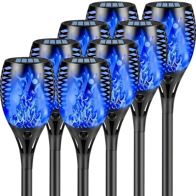 Upgraded 8 Pack Super Larger Size Solar Flame Torch Extra Bright Solar Lights Outdoor Decorative with Flickering Flame, Solar Outdoor Lights for Halloween Decoration Pathway Auto On and Off (Blue)