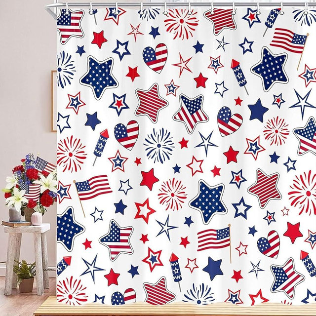 4th of July USA Flag Shower Curtain, Veterans Day Independence Patriotic Day Shower Curtain Set, Blue Red Stars Waterproof Fabric Shower Curtain for Bathroom Decorations with 12pcs Hooks 70X70IN