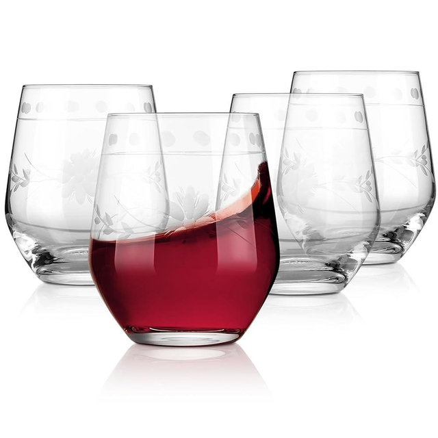Royalrose Premium Delight Vintage Red Wine Glasses Set of 4, 15.7 oz – Hand-Blown with Etched, Classic Glassware for Weddings, Dinners, and Holiday Gifting (Stemless Wine Glasses)