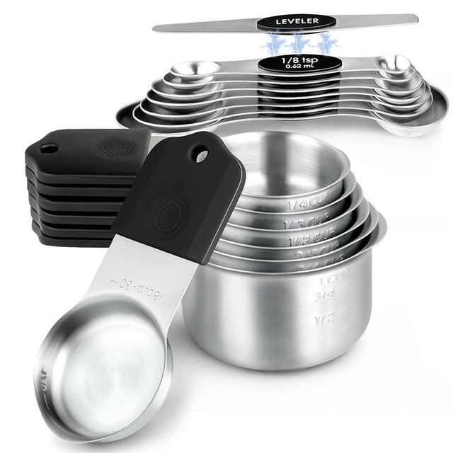 Magnetic Measuring Cups & Spoons Set, Strong N45 Magnets, Heavy Duty Stainless Steel Fits in Spice Jars for Baking & Cooking, BPA Free, Round Set of 15 with Leveler,Dark Black