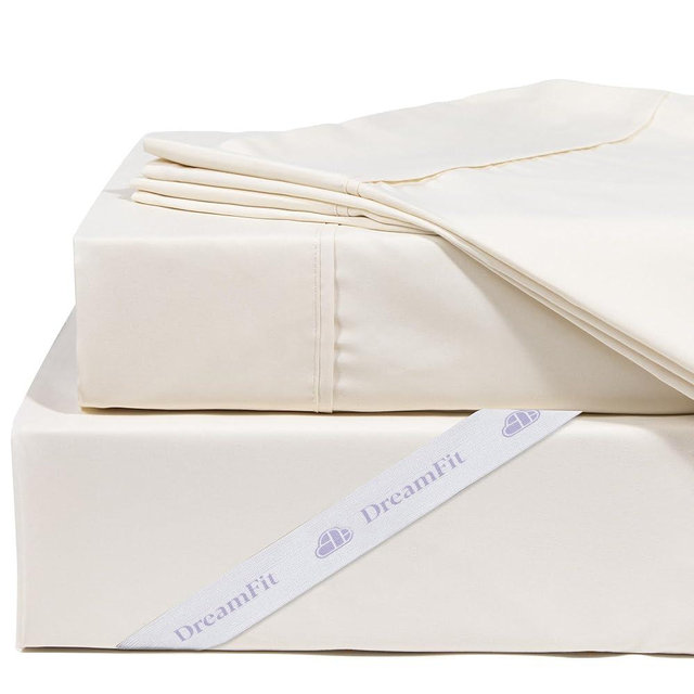 DreamFit DreamCool 100% Egyptian Cotton Cooling Bed Sheet Set with Elastic Corner Straps Extra Deep Pocket Crafted in USA Queen Sheet Set Ivory