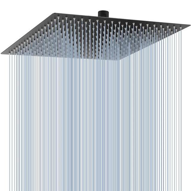 Voolan All Metal Rain Shower Head - High Flow Square Rainfall Showerhead - Waterfall Full Body Coverage - Universal Ceiling or Wall Mount (16 Inch, Black)