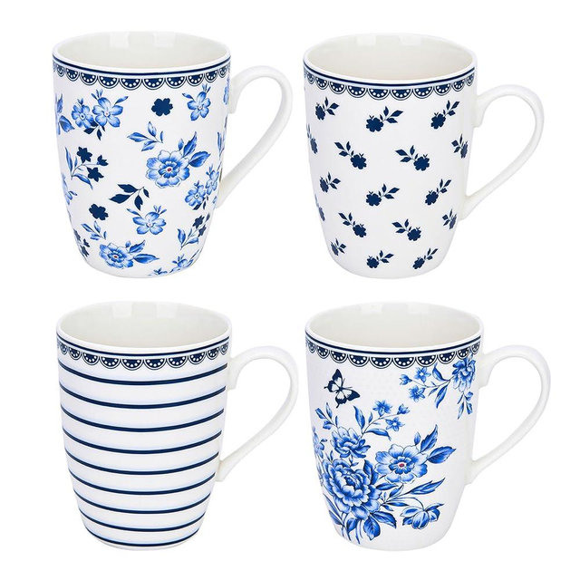 STP GOODS Large Porcelain Mug 13.5 fl. oz. - Set of 4 in Gift Box (Vintage Indigo)