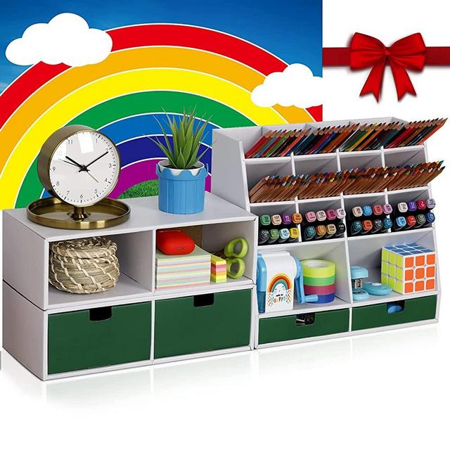 White Desk Organizer and Accessories with 4 Drawers & 16 Compartments Twice Capacity - Art Supply Organizer for Home, School, Office Supplies, FSC Certified Cardboard, DIY Project, Easy Assembly