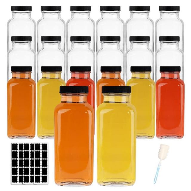 HINGWAH 12 OZ Glass Drink Bottles, Set of 20 Vintage Glass Water Bottles with Lids, Great for storing Juices, Milk, Beverages, Kombucha and More (Labels and Sponge Brush Included)