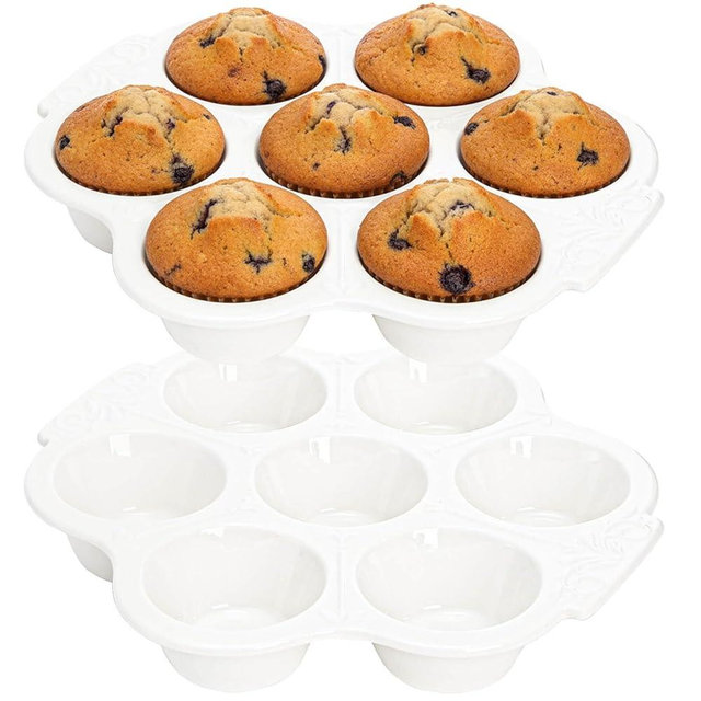 Youeon 2 Pcs Ceramic Muffin Pans, 7 Cup Nonstick Cupcake Baking Pans with Floral Handles, Durable Oven & Dishwasher Safe Ceramic Muffin Tins for Muffins, Cupcakes, Cheesecakes, and More