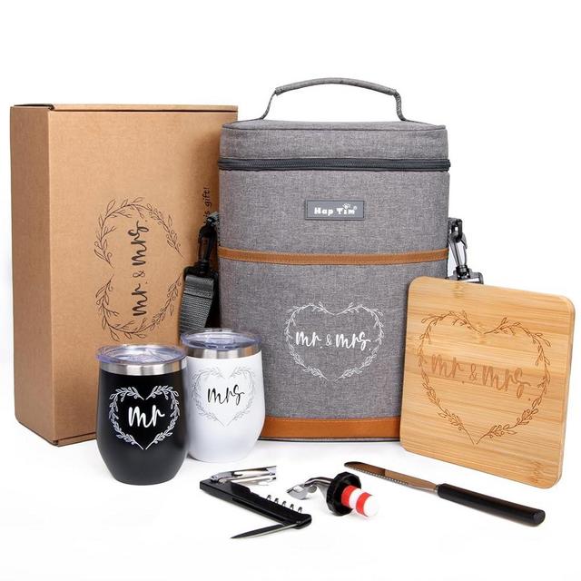 Hap Tim Wedding Gifts for Couples, Bridal Shower Gifts, Engagement Gifts for Newlyweds, Mr and Mrs gifts - Wine Cooler Bag Insulated Wine Carrier Tote with Tumblers, Bamboo Cheese Borad (13624-G2)